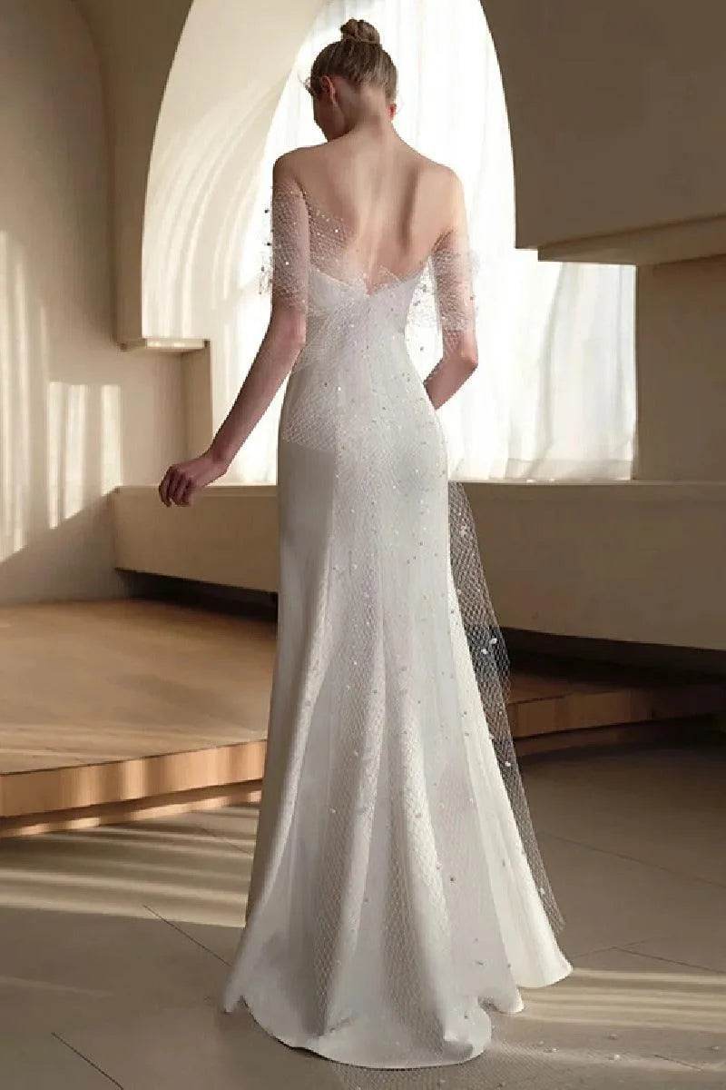 Sheath-Column Sweep-Brush Train Satin Wedding Dress 681142138334 - COCOMELODY