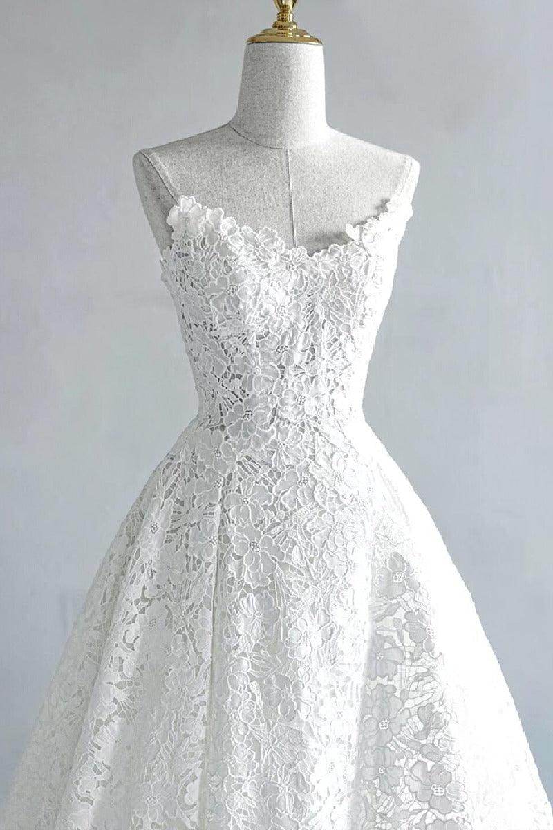 A-Line Sweep-Brush Train Lace Wedding Dress 828423890551 - COCOMELODY