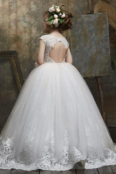 High Neck Cap Sleeve All Lace Bodice Tulle Flower Girl Dresses 654963002609 - 7 Days / As Picture / 2 - COCOMELODY