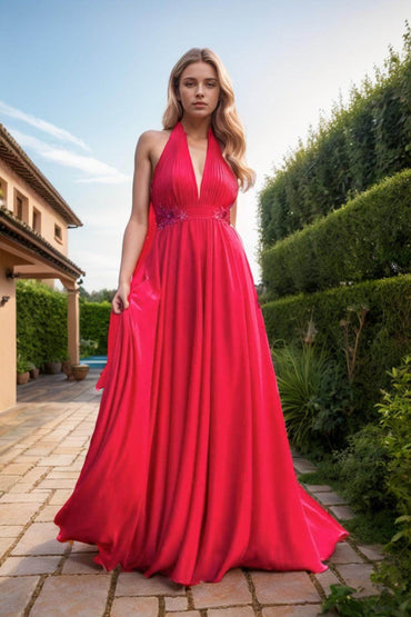 A-Line Sweep-Brush Train Chiffon Prom Dress CS0457 - COCOMELODY