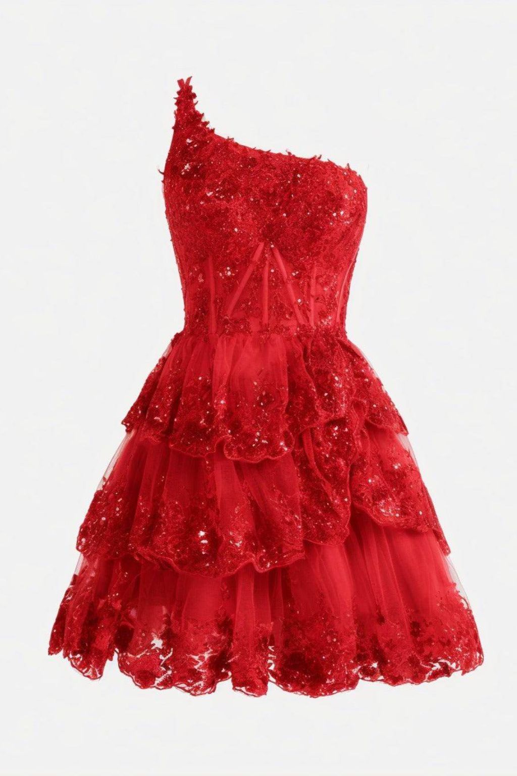 A-line Short Mini Tulle Prom Dress One Shoulder Tiered Lace Homecoming Dresses COCOMELODY CS0420 A-line Short Mini Tulle Prom Dress One Shoulder Tiered Lace Homecoming Dresses COCOMELODY CS0420