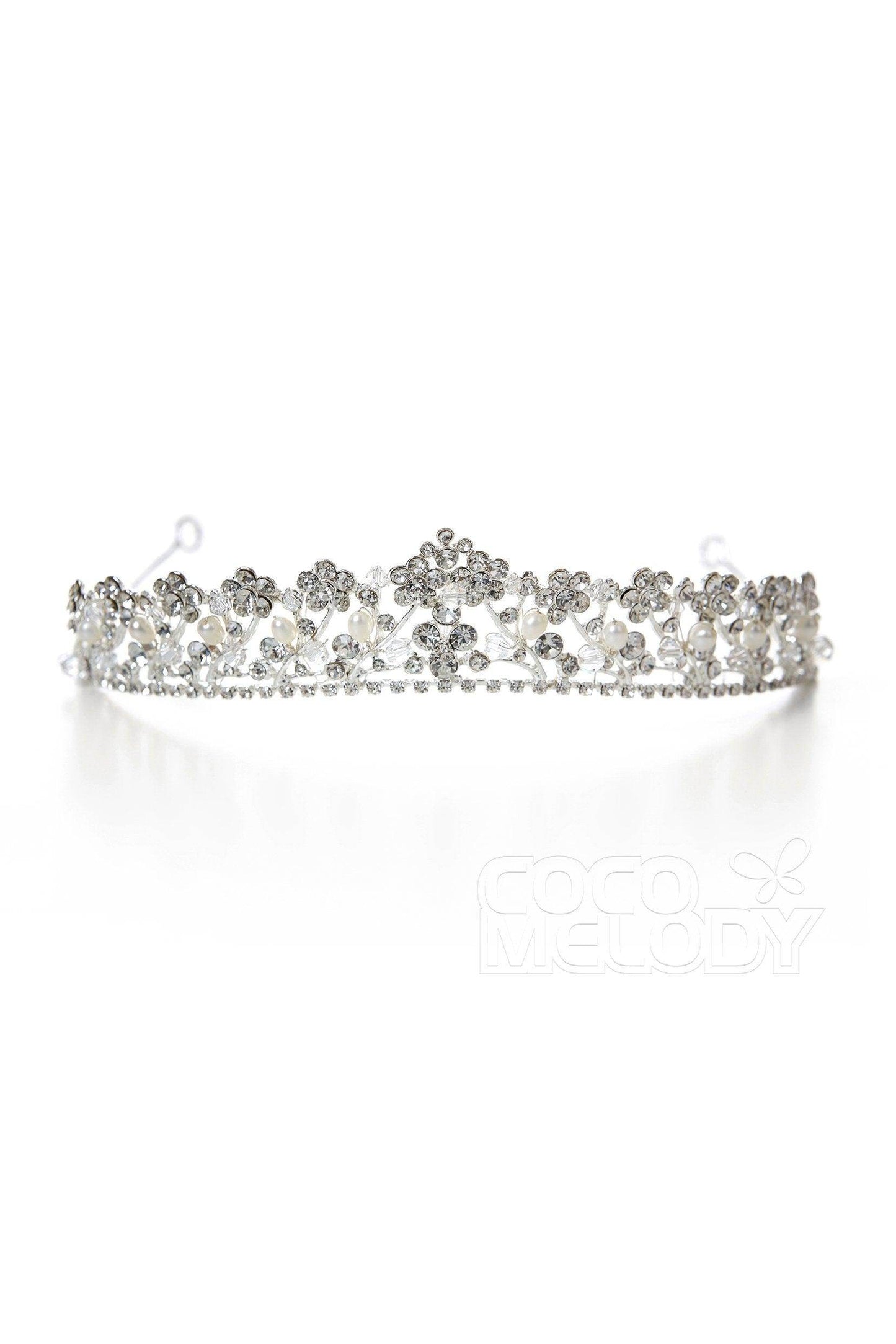 Luxurious Cubic Zirconia Tiara with Imitation Pearl CR17006 - COCOMELODY