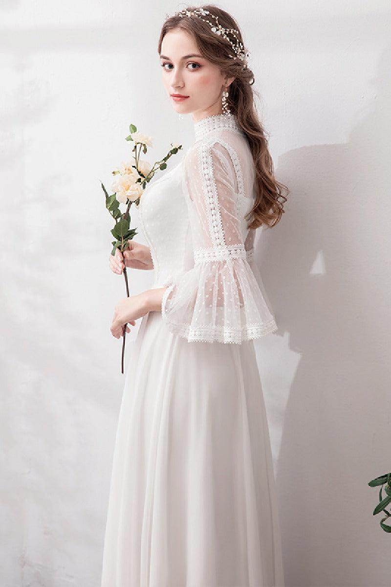 A-Line Floor Length Lace Chiffon Wedding Dress 675587354668 - COCOMELODY