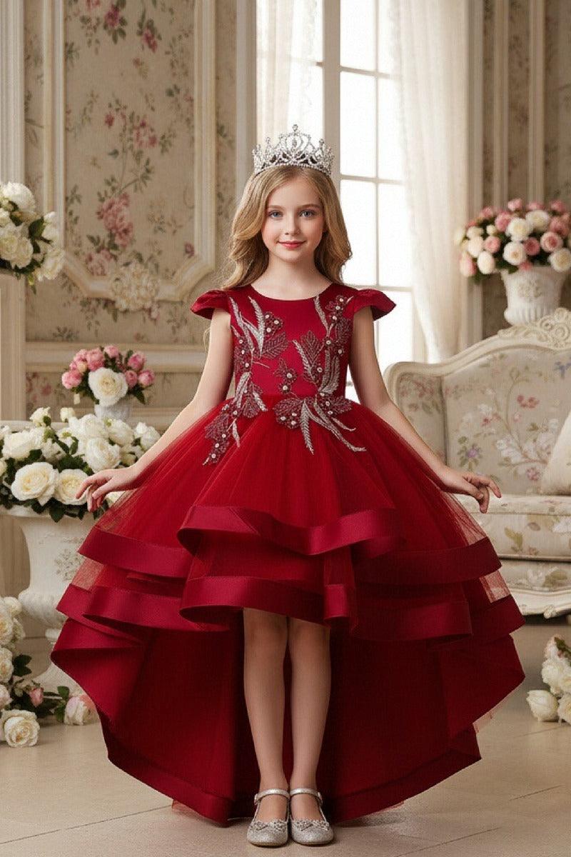 Princess Cap Sleeve High-Low Tulle Satin Ribbon Trim Flower Girl Dresses 1029094443108 - 7 Days / Dusty Rose / 110cm - COCOMELODY