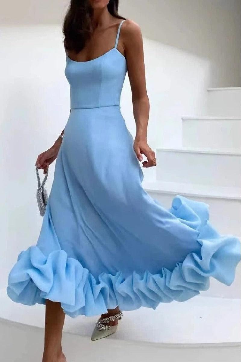 chiffon delicate dress A-Line Tea Length Formal Wedding Guest Ruffles Spaghetti Straps COCOMELODY 714081841047, 10 Days / Blue / 2XL Open back Size:22-26 Prom Makeup Royal Blue pattern design