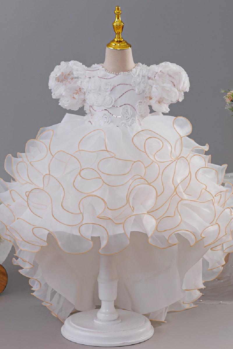 Princess Pearl Short Puff Bubble Sleeve Ruffled Tulle Flower Girl Dresses 1030620832344 - 7 Days / Pink / 110cm - COCOMELODY