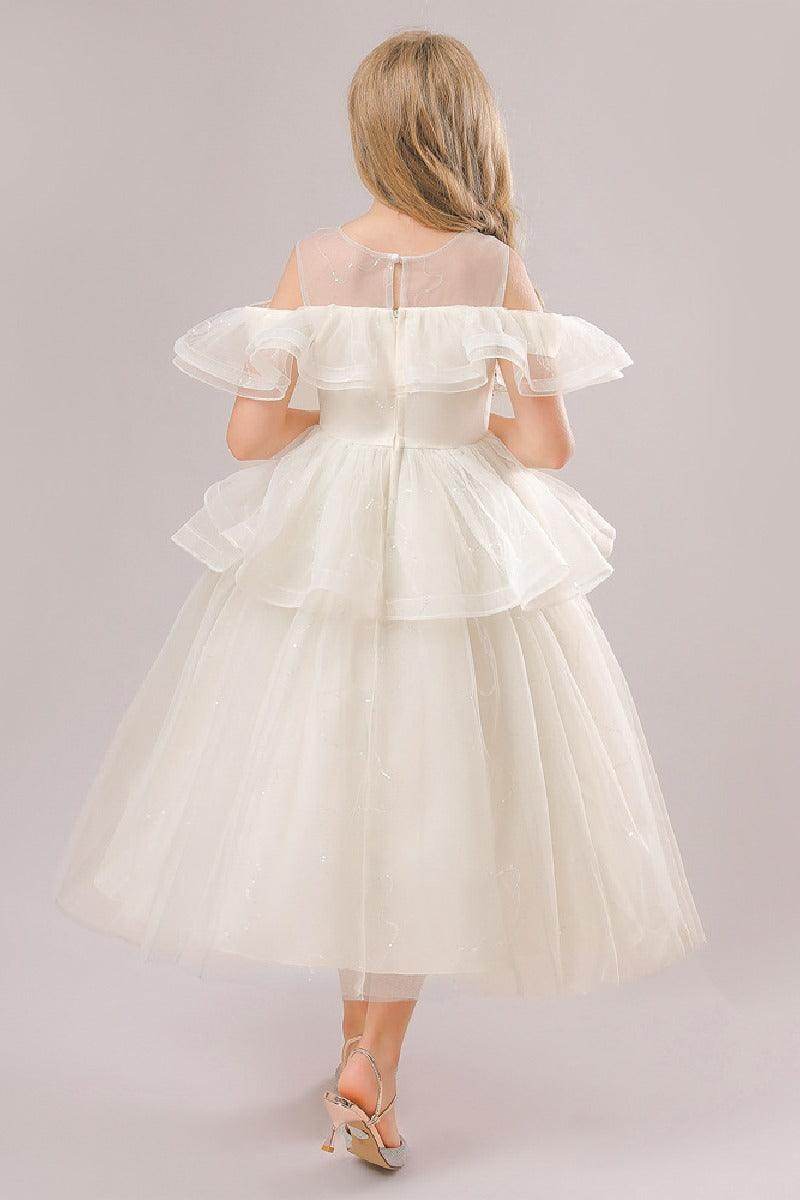 Ball-Gown Off The Shoulder Neck Cold Shoulder Sleeves Tulle Midi Flower Girl Dresses 687623292935 - COCOMELODY