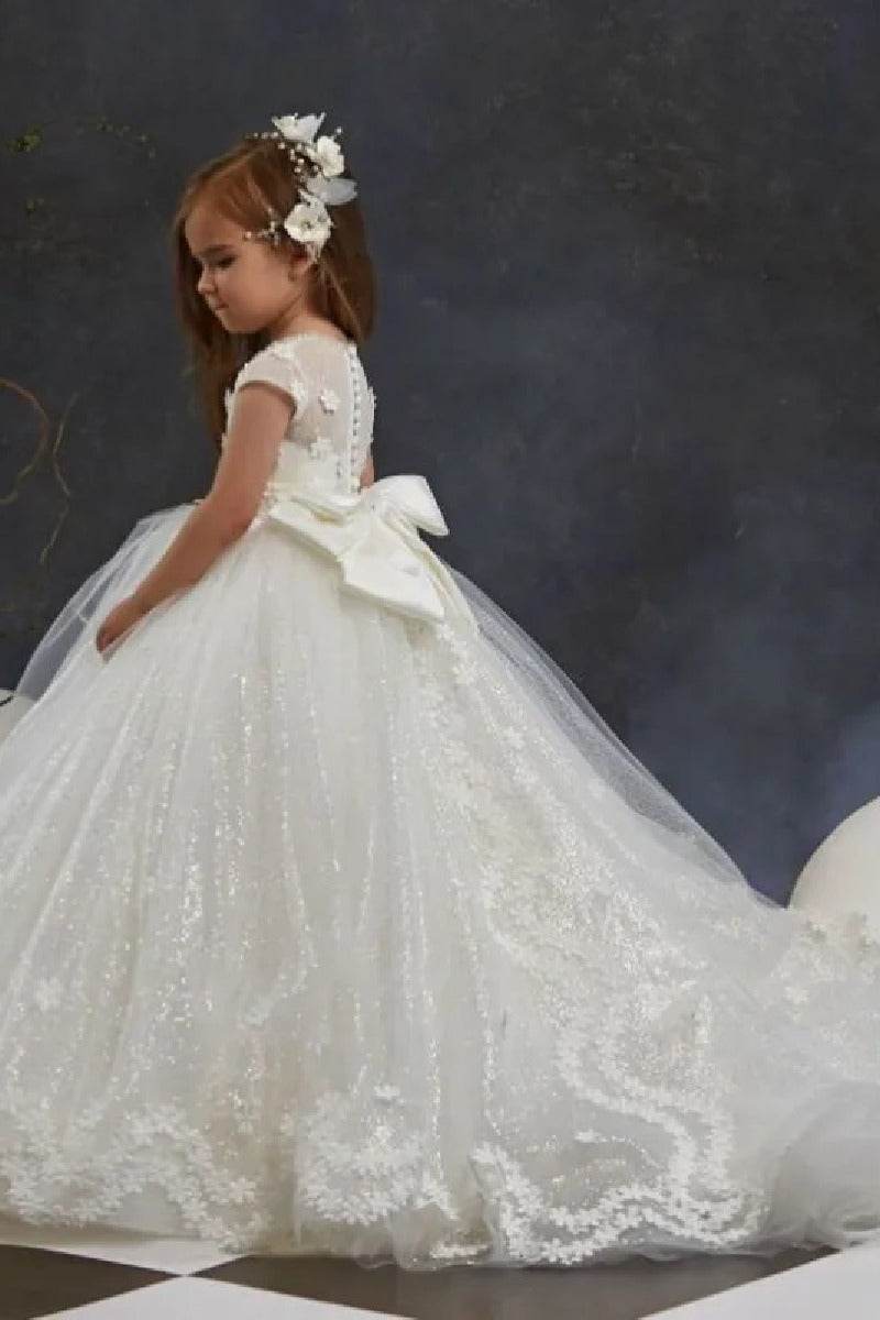 A-Line Illusion Neck Cap Sleeve Tulle Sweep-Brush Train Flower Girl Dresses 897953682012 - COCOMELODY
