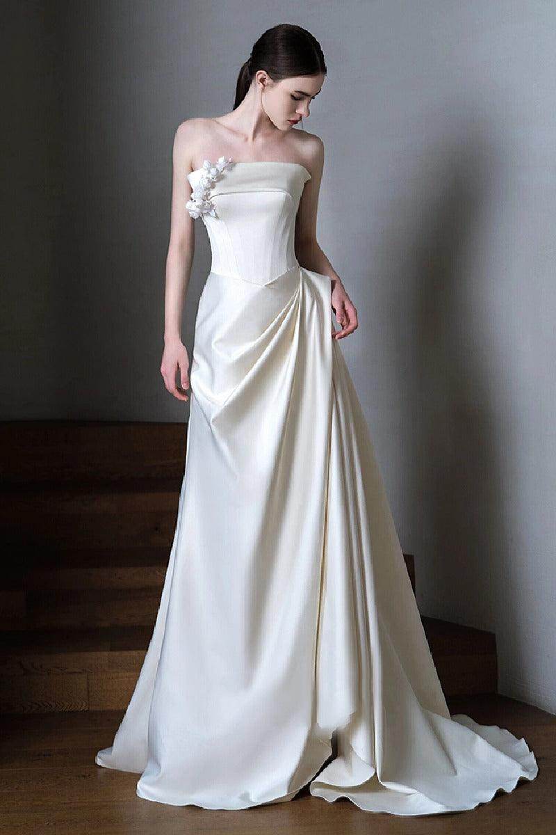 Sheath-Column Sweep-Brush Train Satin Wedding Dress 761888350591 - COCOMELODY