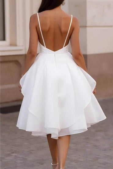 A-Line Tea Length Organza Satin Little White Dress 100015 - COCOMELODY