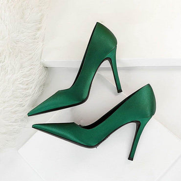 Green Satin Pointy Stiletto Heels 664584349468 - COCOMELODY