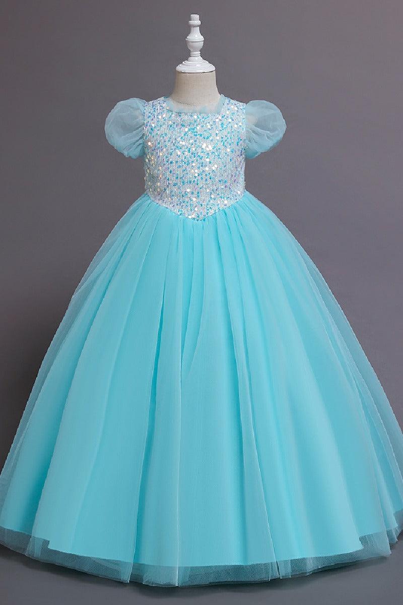 A-Line Short Puff Sleeve Sequin Rainbow Tulle Floor-Length Flower Girl Dresses 1029773142446 - 7 Days / Turquoise / 110cm - COCOMELODY