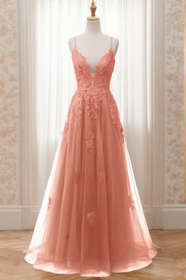 A-Line Sweep-Brush Train Tulle Prom Dress CS0463 - COCOMELODY