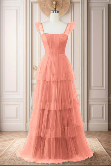 A-Line Sweep-Brush Train Tulle Prom Dress CS0471 - COCOMELODY