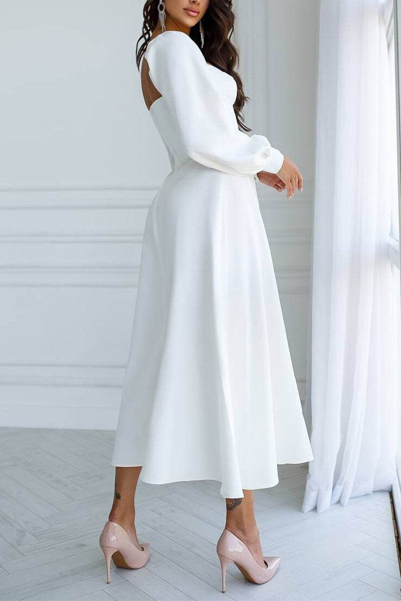 A-Line Tea Length Elastic Cloth Little White Dress 100013 - COCOMELODY