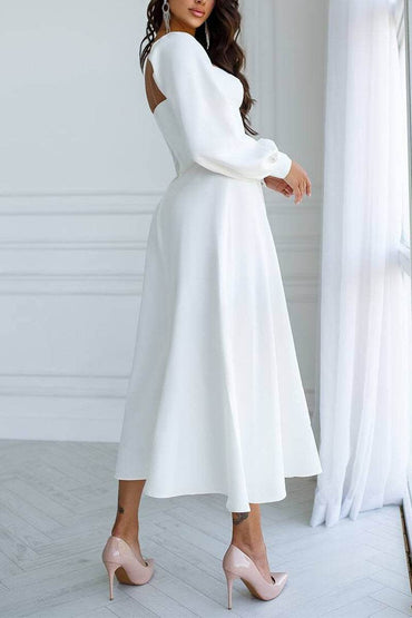 A-Line Tea Length Elastic Cloth Little White Dress 100013 - COCOMELODY