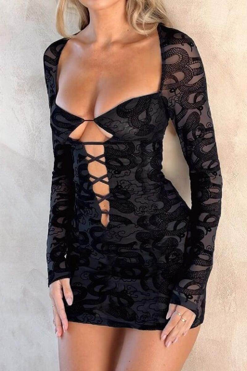 Lace long sleeve hollowed-out sexy cocktail dress 817080662499 - COCOMELODY