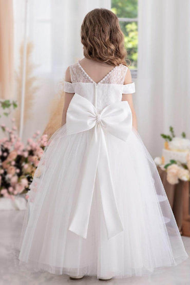 Ball-Gown/Princess Off the Shoulder Short Sleeves Tulle Floor-length Flower Girl Dresses With Lace 741957862179 - COCOMELODY