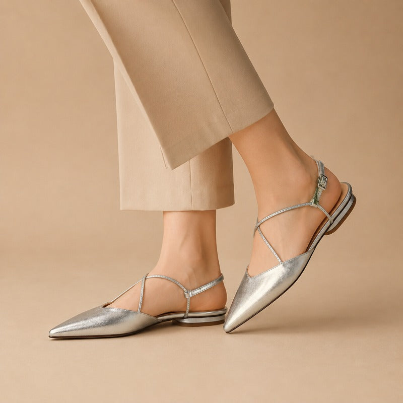Pointed Toe Slingback Flats with Strappy Metallic Finish Shoes 1048732161565