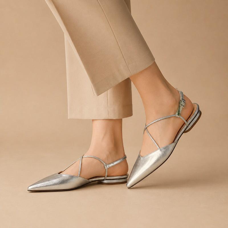 Pointed Toe Slingback Flats with Strappy Metallic Finish Shoes 1048732161565 - 7 Days / Silver / 34 - COCOMELODY