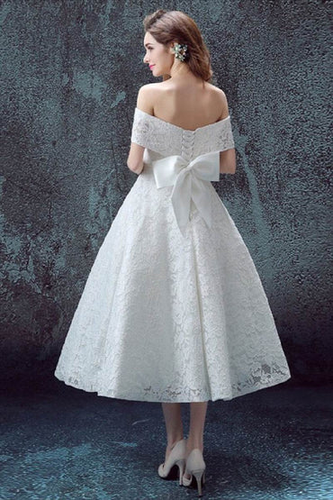 A-Line Tea Length Lace Wedding Dress 658269300525 - COCOMELODY