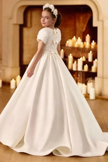 Round Neck Puff Short Sleeve Beaded Bodice Satin Flower Girl Dresses 989473399353 - 15 Days / White / 2 - COCOMELODY