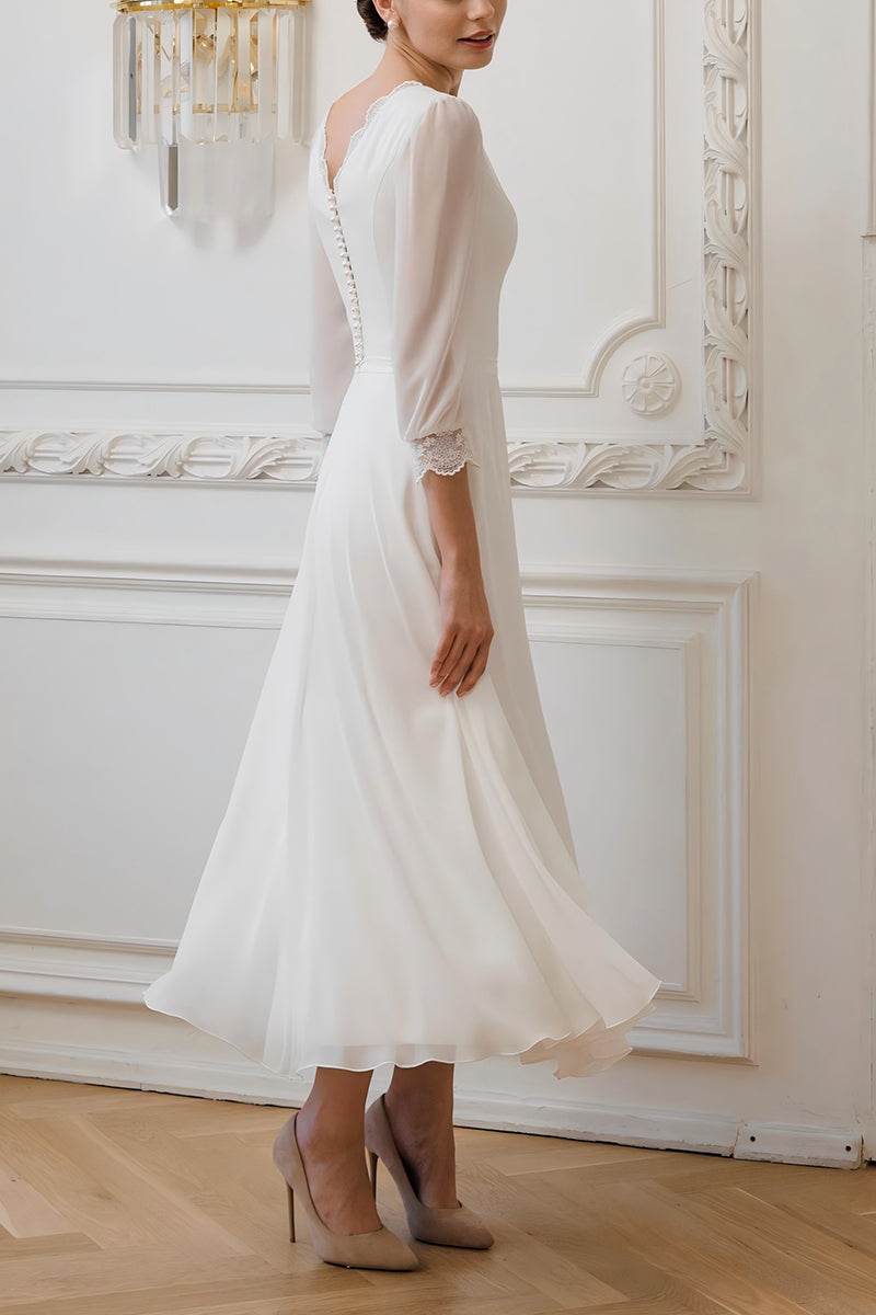 A-Line Tea Length Lace Chiffon Little White Dress 100041 - COCOMELODY