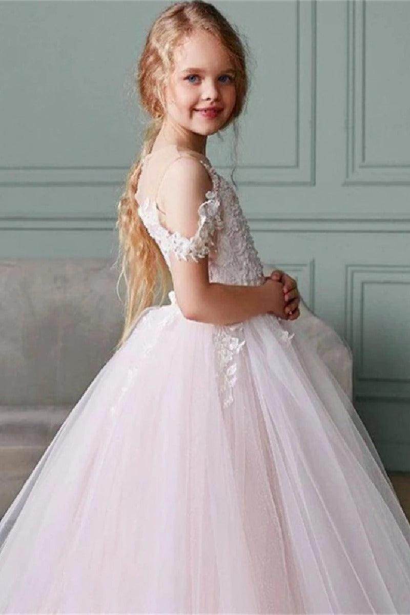 A-Line Illusion Neck Off The Shoulder Sleeves Tulle Maxi Flower Girl Dresses 827500964252 - COCOMELODY