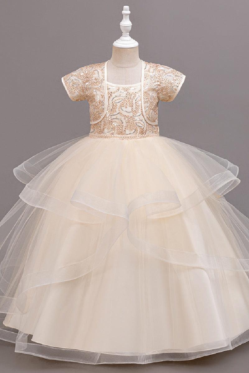 Two-Piece Sequin Lace Bolero Jacket Tulle Floor-Length Flower Girl Dresses 1030169357466 - 7 Days / Champagne / 120cm - COCOMELODY