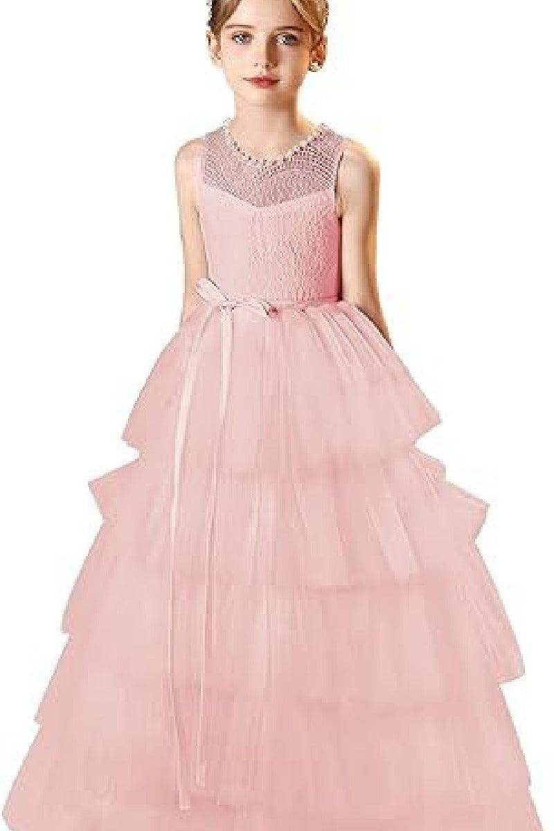 A-Line Scoop Neck Lace/Tulle Flower Girl Dresses With Cascading Ruffles 809160851086 - COCOMELODY