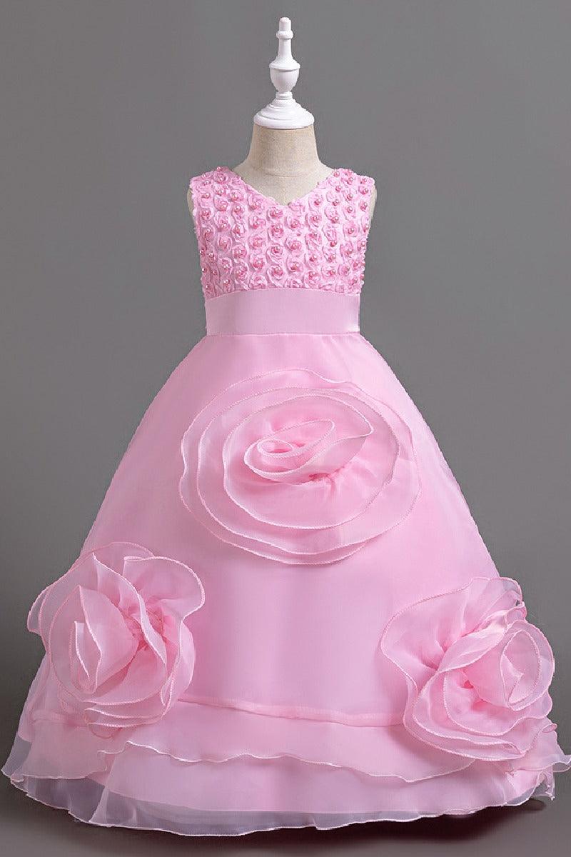 Sleeveless V-Neck Organza Floor Length Flower Girl Dresses 1029248406776 - 7 Days / Pink / 110cm - COCOMELODY