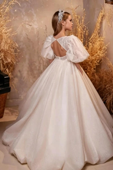 A-Line Illusion Puff Short Sleeve Heart Neck Flower Girl Dresses 750806564252 - 10 Days / As Picture / 2 - COCOMELODY