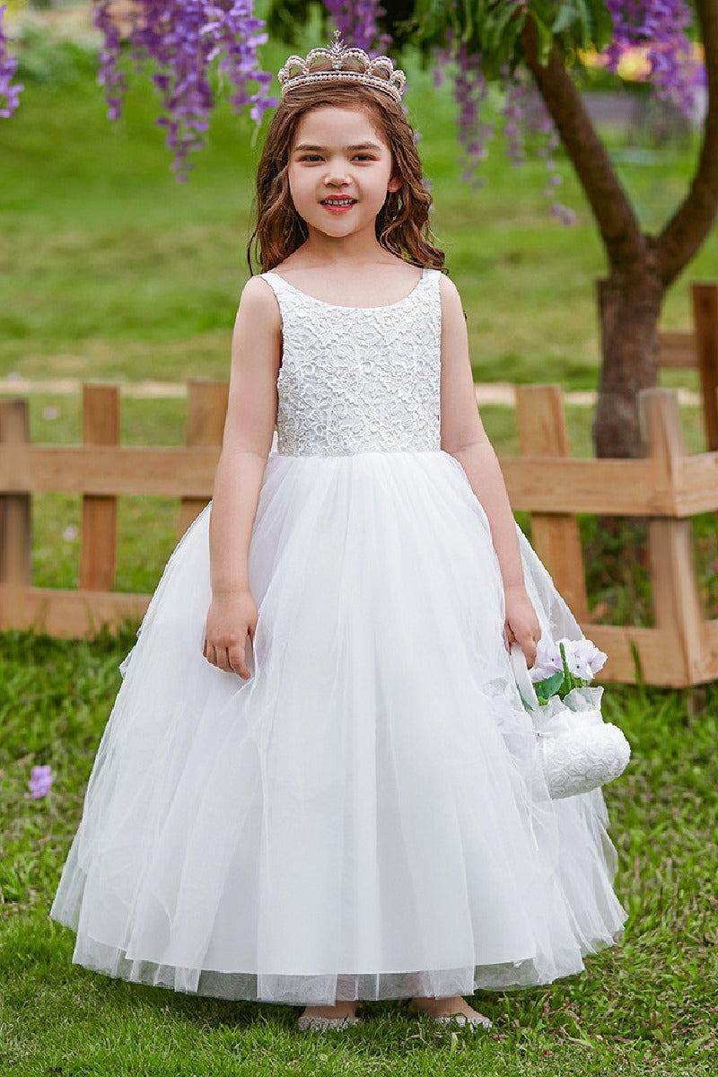 maxi flower girl dresses lace and tulle Gamivast Flower Girl Dresses for Girls Sleeveless Lace Tulle Maxi Dress Princess Dress Pageant Dress formal Gown for Wedding Communion Ceremony White