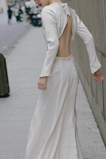 Sheath-Column Chapel Train Satin Wedding Dress 812092434428 - COCOMELODY