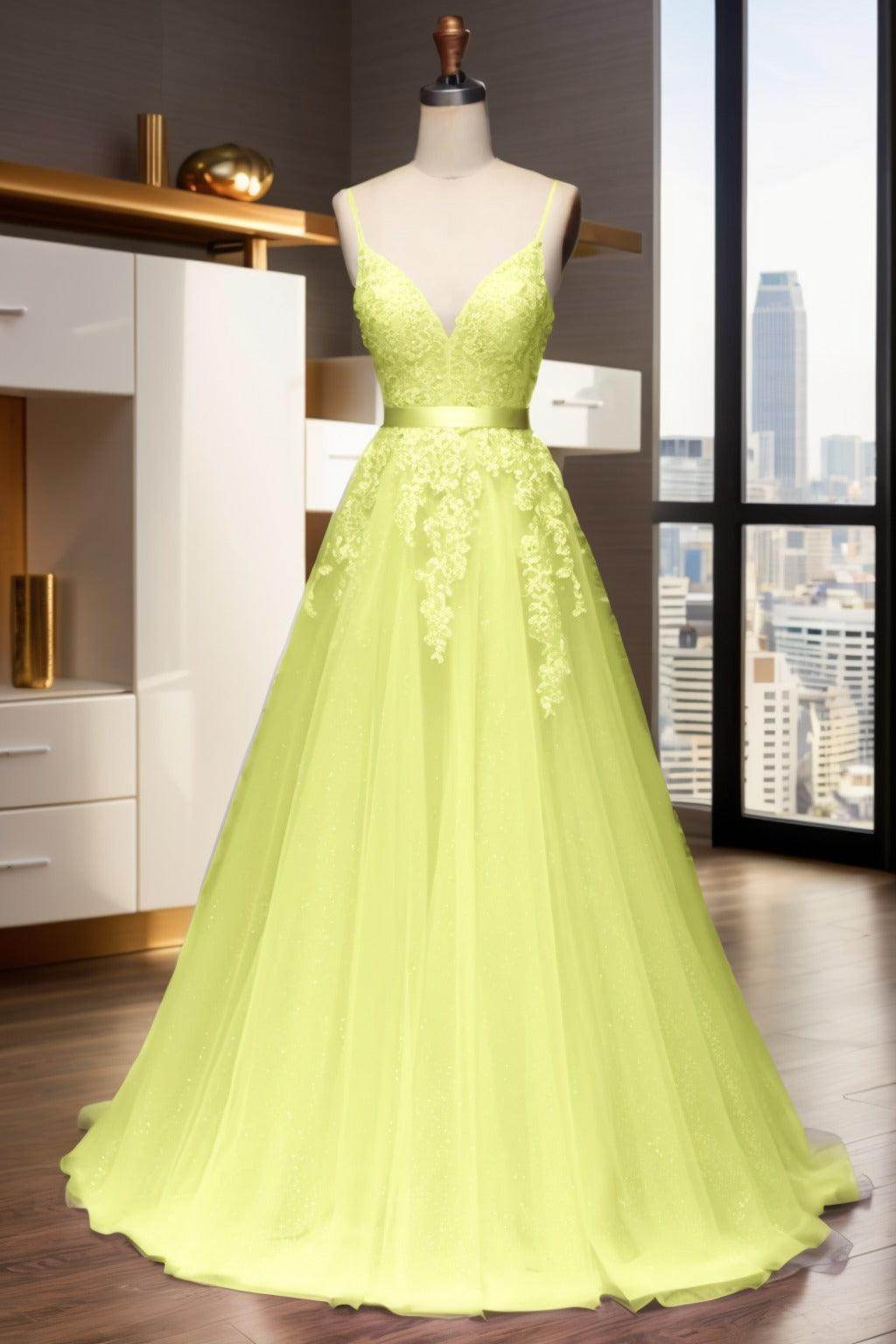 A-Line Sweep-Brush Train Tulle Prom Dress CS0464 - COCOMELODY