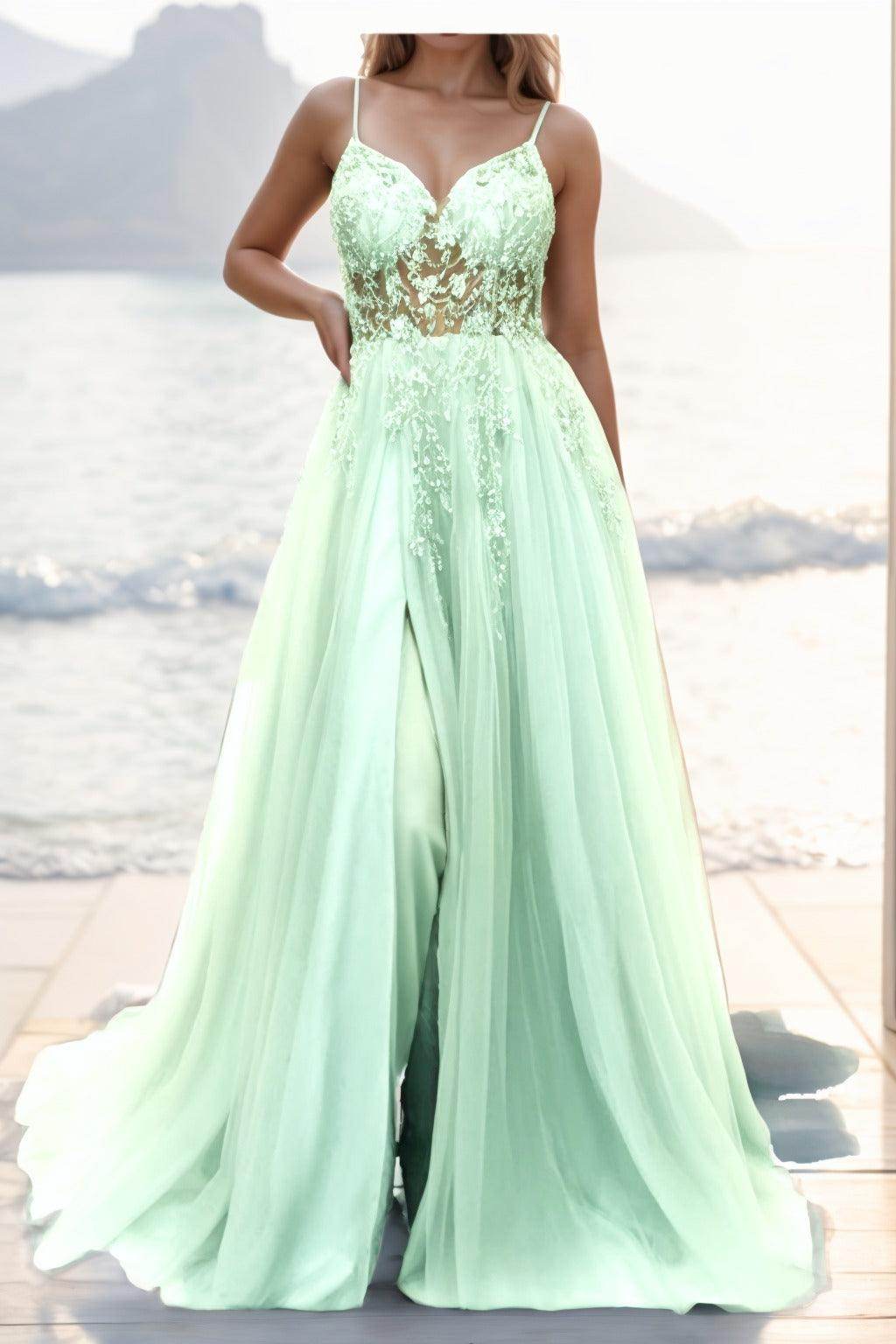 A-line Sweep-Brush Train Tulle Prom Dress CS0402 - COCOMELODY