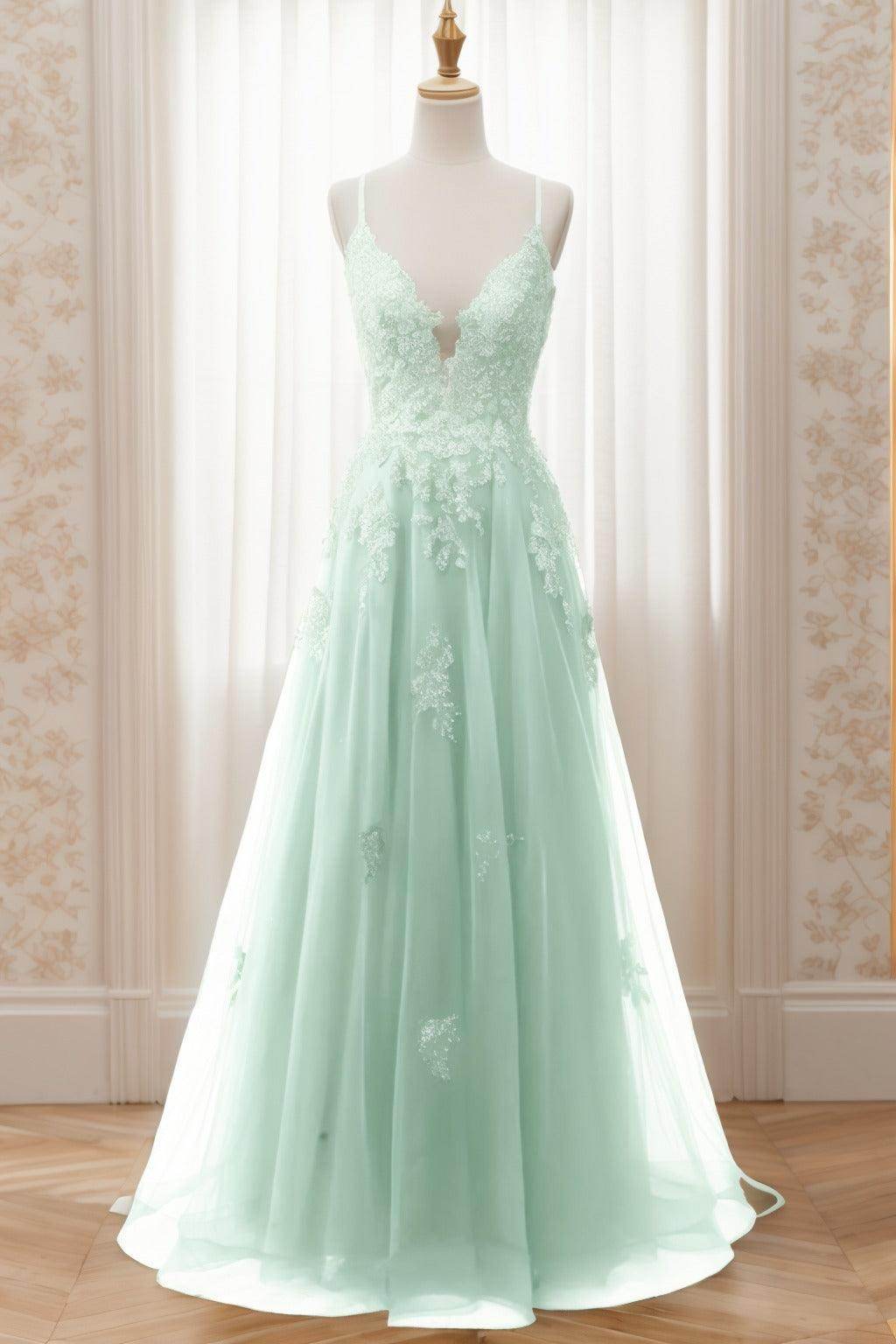A-Line Sweep-Brush Train Tulle Prom Dress CS0463 - COCOMELODY