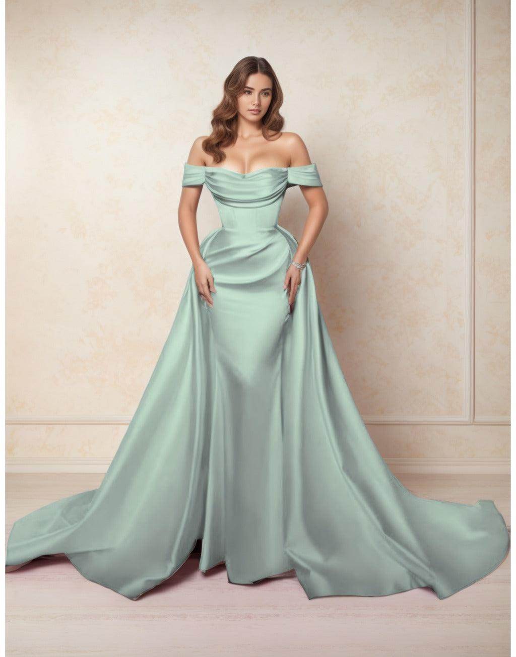 A-Line Chapel Train Satin Prom Dress CS0416 - COCOMELODY
