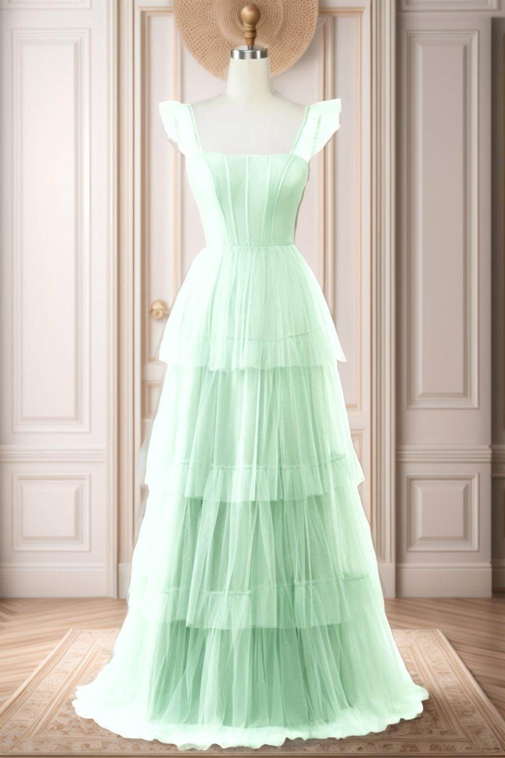 A-Line Sweep-Brush Train Tulle Prom Dress CS0471 - COCOMELODY