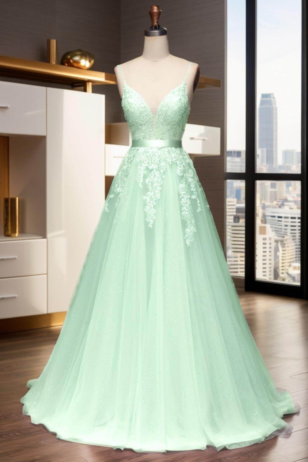 A-Line Sweep-Brush Train Tulle Prom Dress CS0464 - COCOMELODY