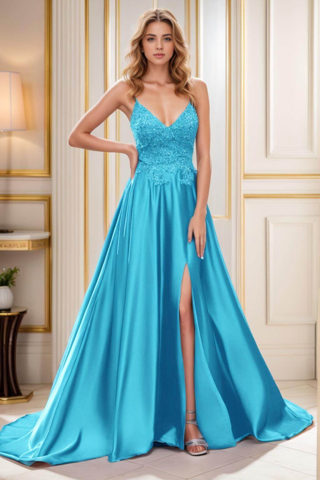 A-Line Court Train Satin Prom Dress CS0460 - COCOMELODY