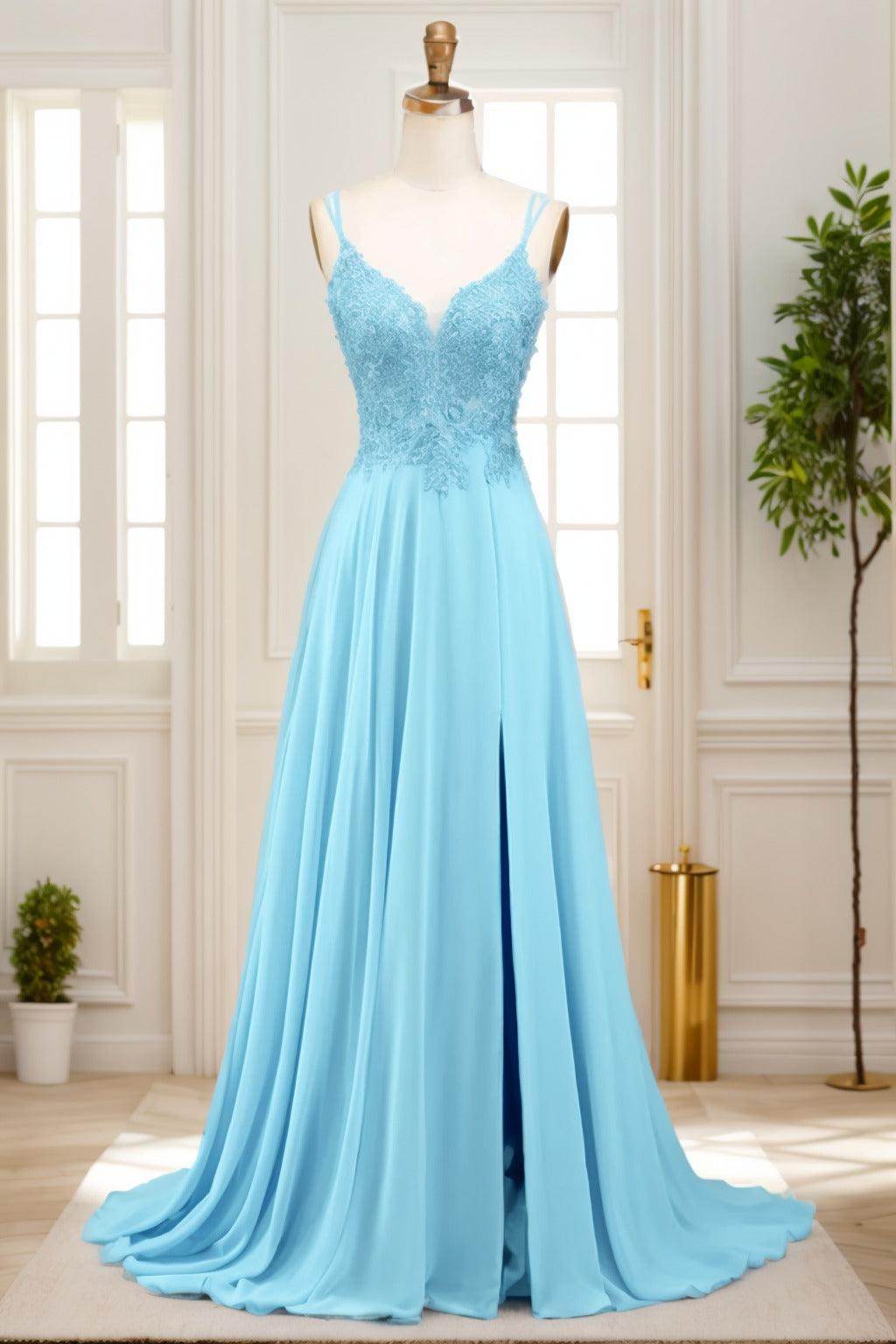 A-Line Sweep-Brush Train Chiffon Prom Dress CS0470 - COCOMELODY