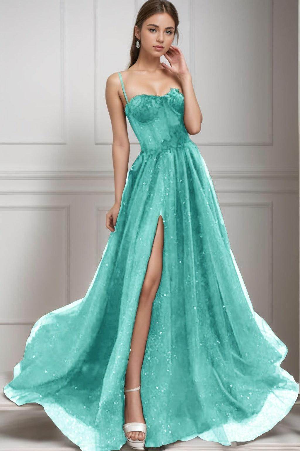 A-Line Sweep-Brush Train Tulle Prom Dress CS0439 - COCOMELODY