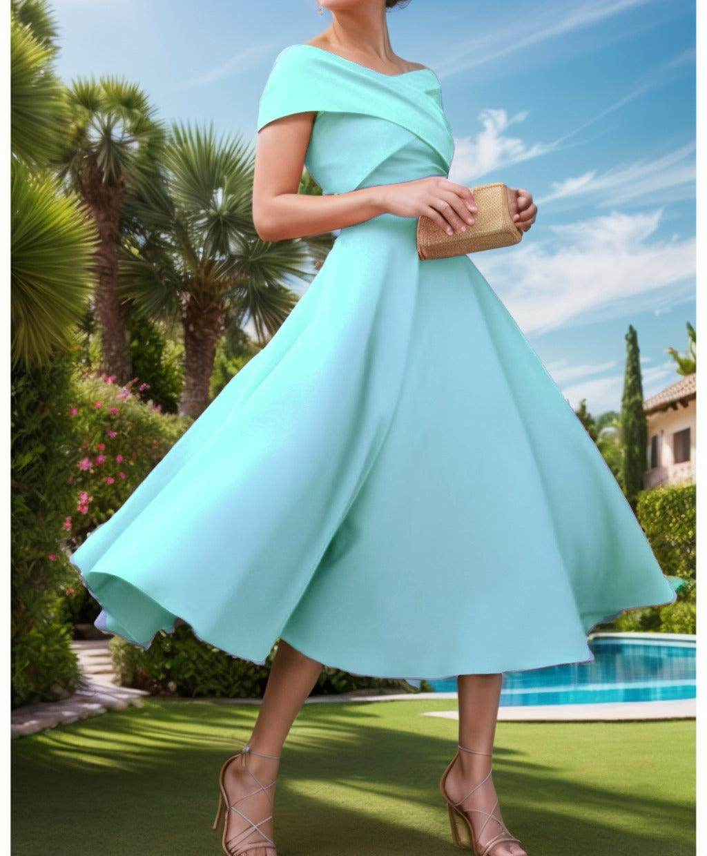 A-Line Tea Length Satin Prom Dress CS0455 - COCOMELODY