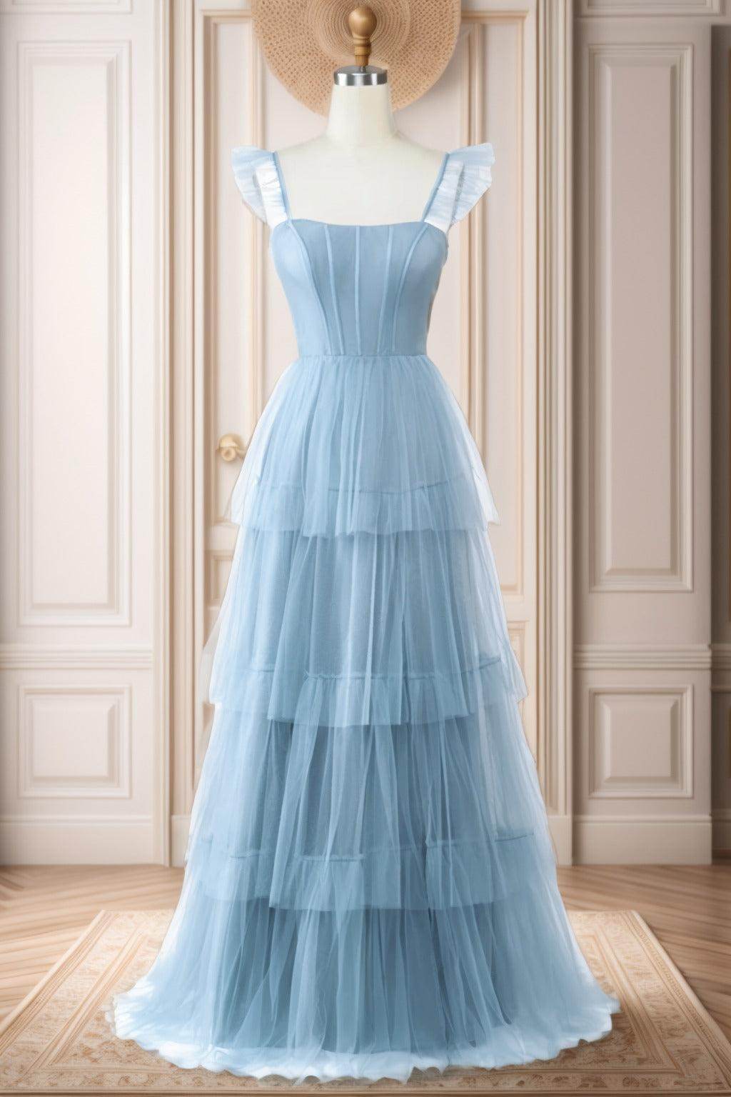 A-Line Sweep-Brush Train Tulle Prom Dress CS0471 - COCOMELODY