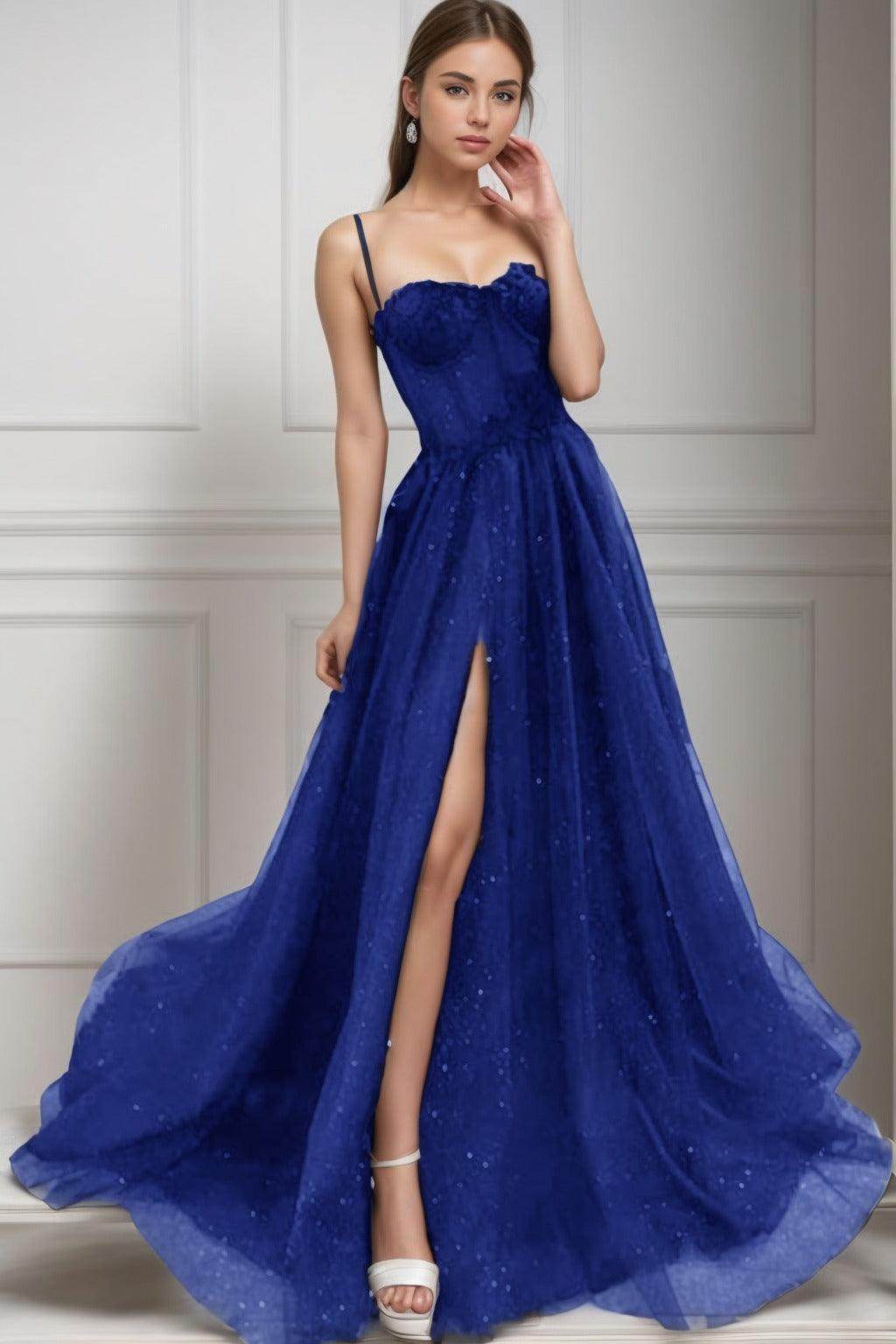 A-Line Sweep-Brush Train Tulle Prom Dress CS0439 - COCOMELODY