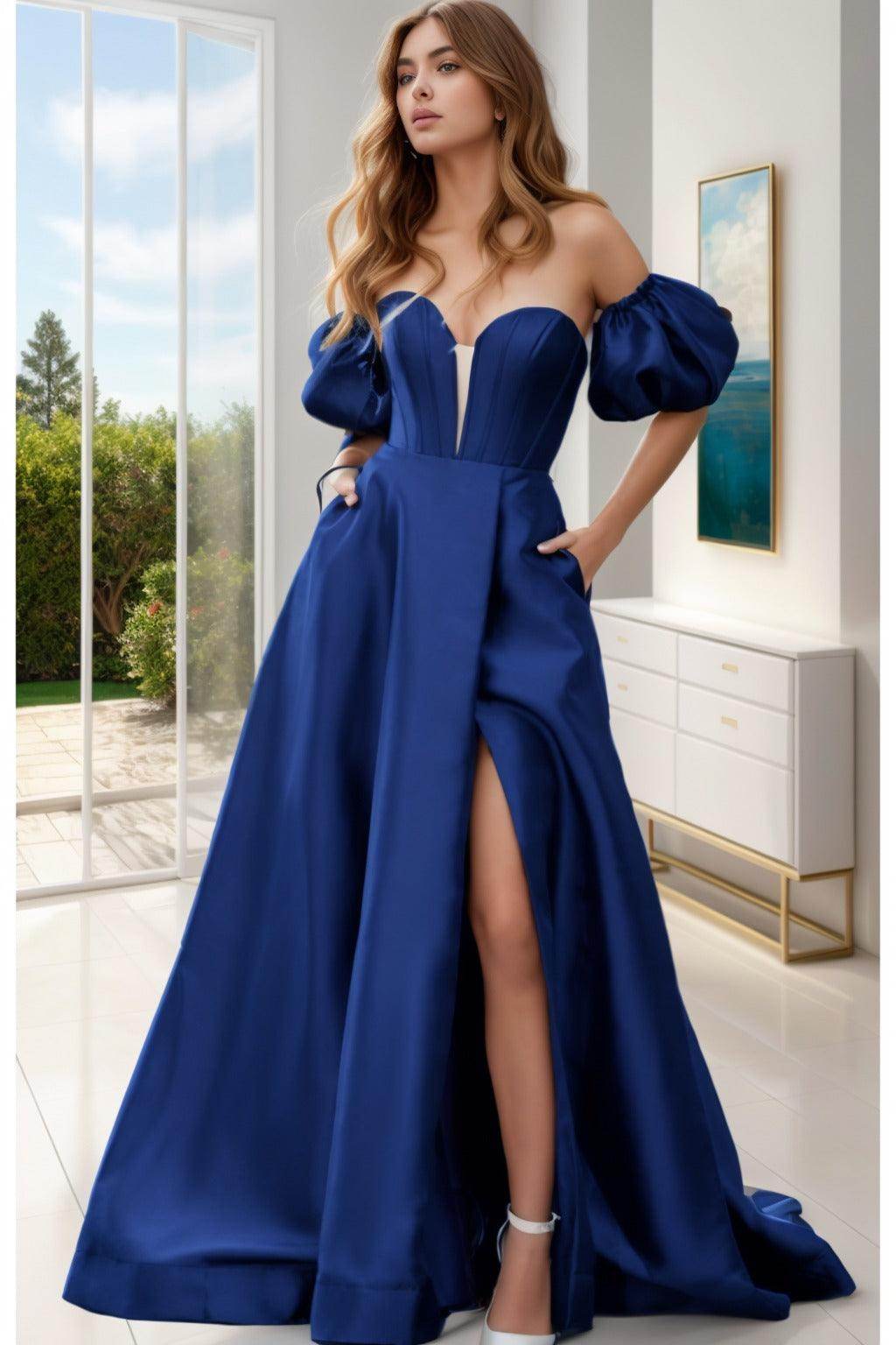 A-Line Sweep-Brush Train Satin Prom Dress CS0448 - COCOMELODY