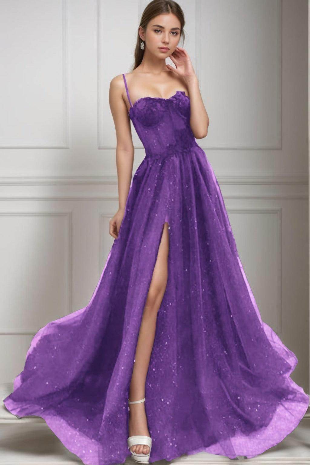 A-Line Sweep-Brush Train Tulle Prom Dress CS0439 - COCOMELODY