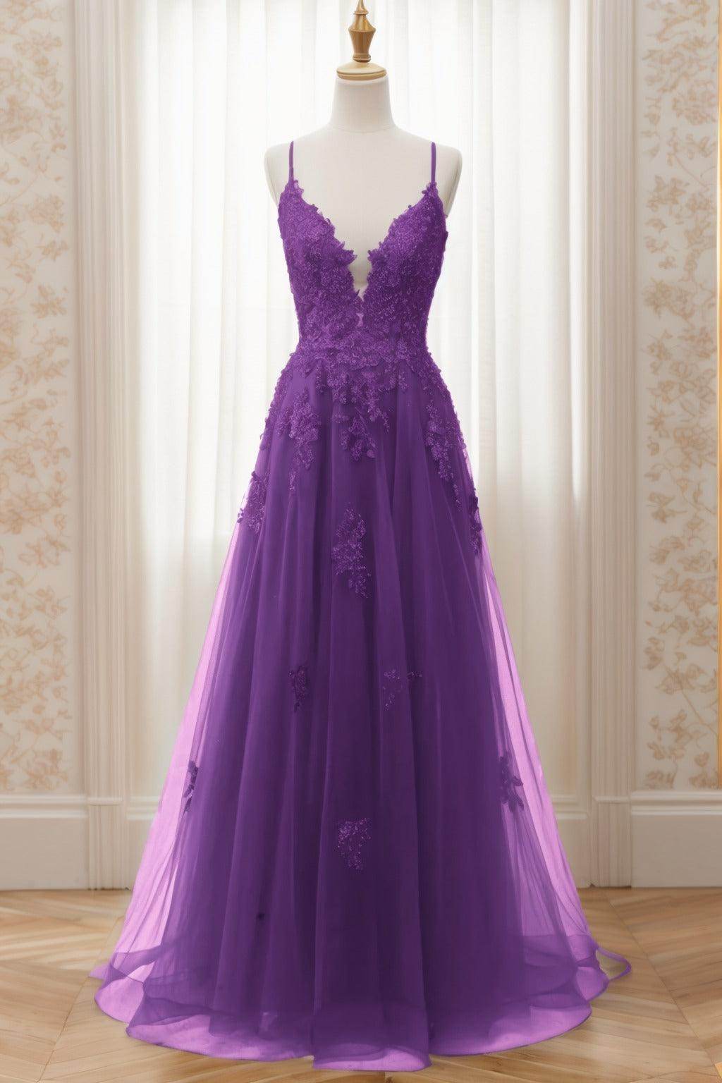 A-Line Sweep-Brush Train Tulle Prom Dress CS0463 - COCOMELODY