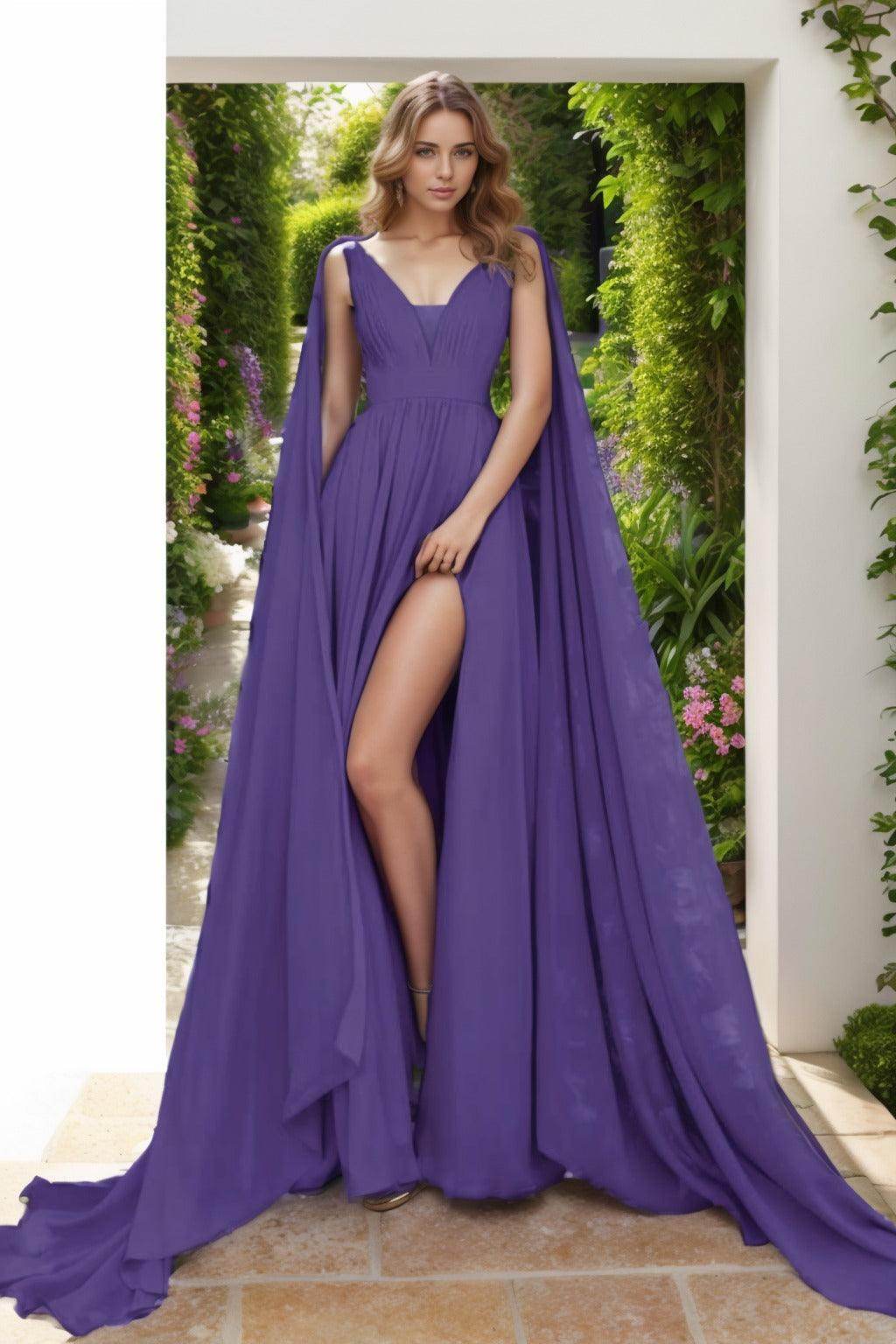 Cocomelody Long Chiffon Purple Prom Dress CS0454, Dark Champagne